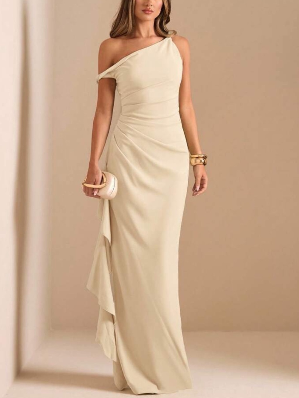 One-Shoulder Cream Evening Gown